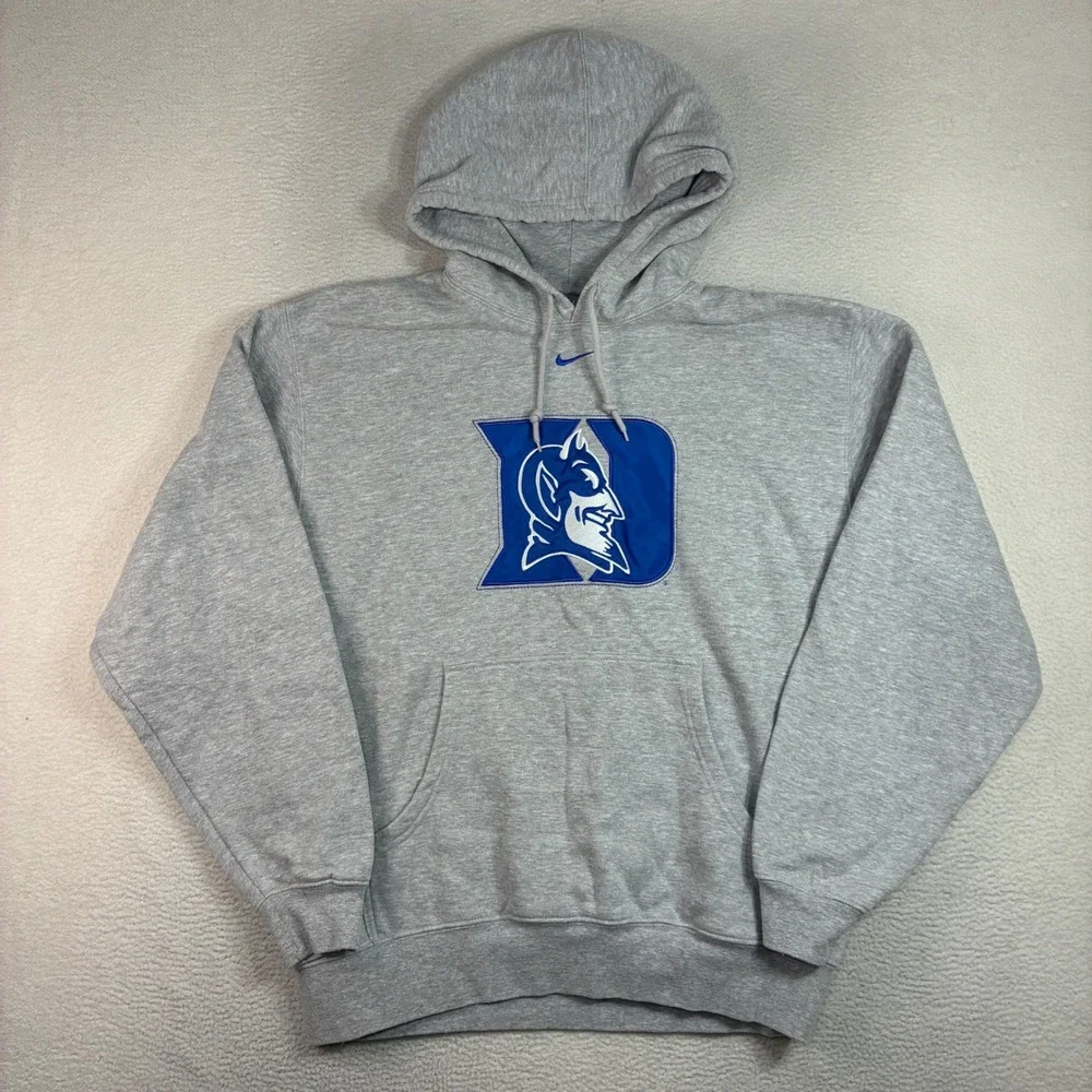 Vintage Nike Duke Blue Devil Center Swoosh Hoodie Men L Gray Fleece Pullover Y2K